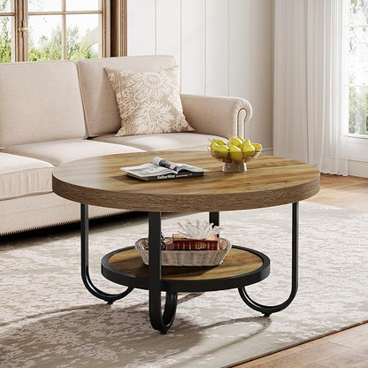 Tribesigns Round Coffee Table, 31.5" Modern Wood Circle Center Table with Storage Shelf and Metal Frame, 2-Tier Industrial Accent Cocktail Table for Living Room, Small Space, Apartment, Brown