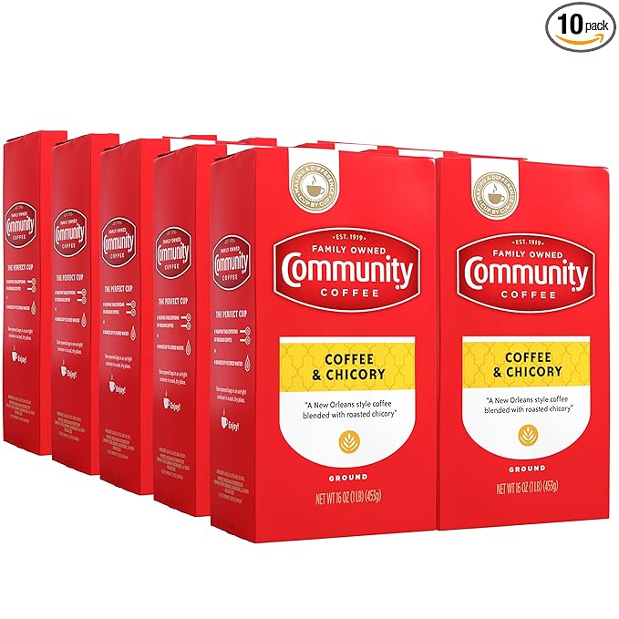 Community Coffee Coffee & Chicory Blend 160 Ounce, Medium Dark Roast Ground Coffee, Vacuum Packed 16 Ounce Bag (Pack of 10)