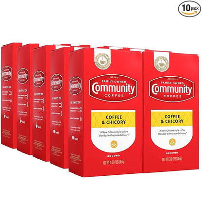 Community Coffee Coffee & Chicory Blend 160 Ounce, Medium Dark Roast Ground Coffee, Vacuum Packed 16 Ounce Bag (Pack of 10)