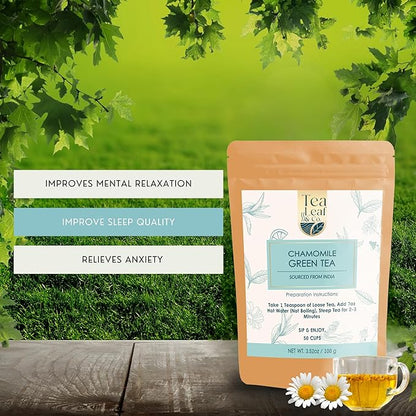 Tealeaf & Co. Chamomile Green Tea Loose Leaf with Lemon Extract and Lemongrass - Chamomile Tea - Contains Low Caffeine - Upto 50 Servings - Gluten Free (3.52oz/100gm)