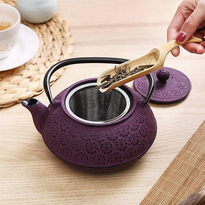30 oz Cast Iron Teapot Enamel Lining W/Metal Infuser Tea Kettle, Purple