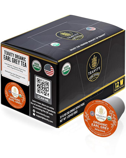 Organic Earl Grey Tea Pods for Keurig - Caffeinated Unsweet Black Tea for K Cup Brewing by Teavity (12 Tea Pods)