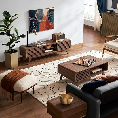 mopio Ensley Coffee Table, Mid Century Modern Table with Storage, Farmhouse Wood Coffee Table for Living Room Fluted (Walnut)