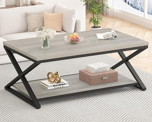 HSH Coffee Table with Storage, Farmhouse Grey Living Room Center Table, Industrial Wood and Metal Rectangle Coffee Tables, Simple Rustic 2 Tie Cocktail Tea Table for Home Office Bedroom, 47 Inch