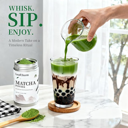 LeafCharm Ceremonial Grade Matcha Powder 100g,3.52oz Resealable Tin,Sugar Free Matcha Powder,Rich in Antioxidants & Energy Boosting, New Year Wellness Gift,Daily Ritual for Cafe, Latte, Collagen,& Smoothies