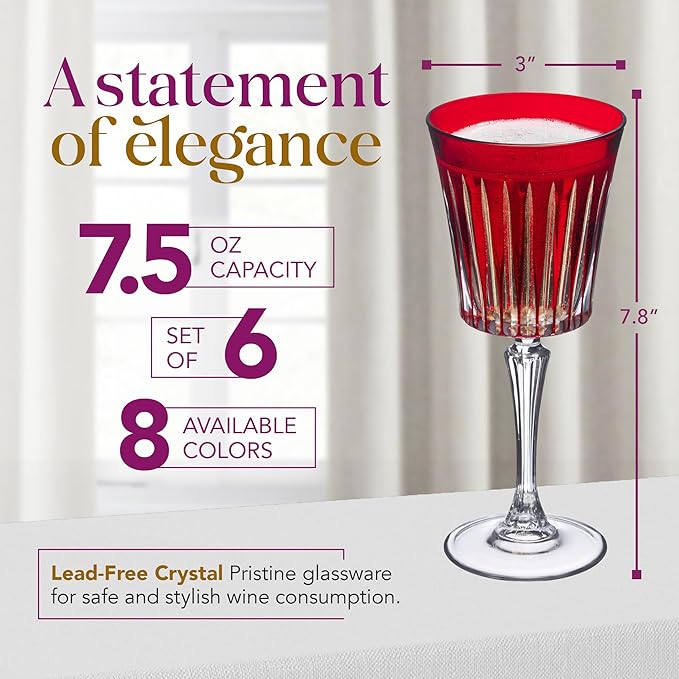 Barski European Wine Glasses - Set of 6 Goblets for Red or White Wine - Elegant Colored Glassware Water Stemware - Gift Ready, Ruby, 7.5 oz