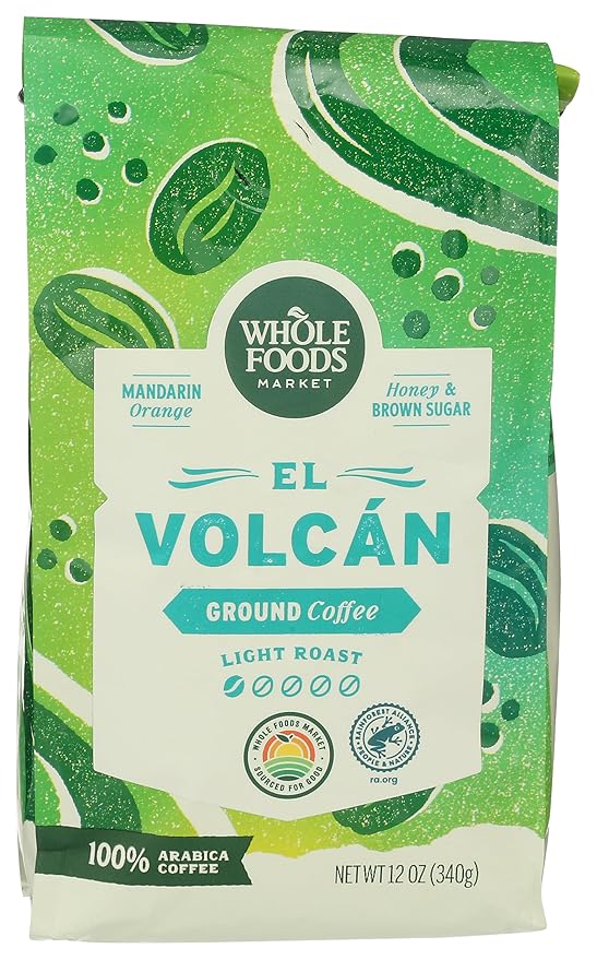 Whole Foods Market, El Volcan Light Roast Ground Coffee, Mandarin Orange, Honey & Brown Sugar, 12 Ounce