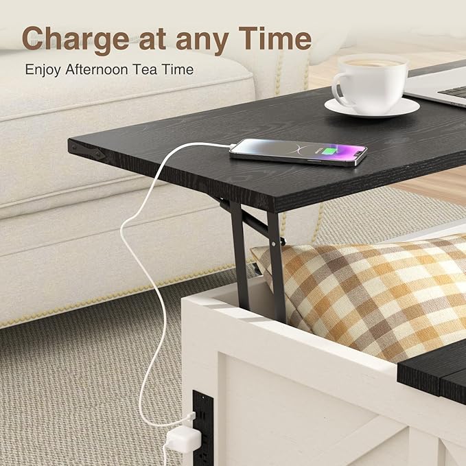 Coffee Table with Storage, 31.5" W Farmhouse Lift Top Wood Square Center Table with Charging Station, Rustic Cocktail Tables with Flip Top Lids for Living Room, Home Office, Modern Black