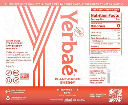 Yerbaé Energy Seltzer - Strawberry Kiwi, No Sugar/Calories/Carbs. Energized by Yerba Mate, Naturally Caffeinated Plant-Based, Healthy Alternative to Coffee/Sugary Sodas, Pack of 12, 12oz cans