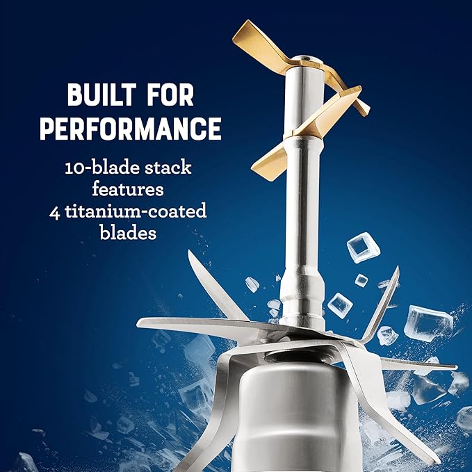 Oster Extreme Mix Blender, 8-Cup Glass Jar, 3 iBlend Preset Functions, 1600-Watts, 10-Point Blade Stack with Titanium Coating & Blend-N-Go Cup