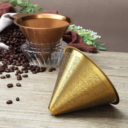 ATHIA Golden Reusable Stainless Steel Pour Over Coffee Dripper, Laser-etched Double mesh Cone Filter, Paperless, Eco-friendly, Fits Hario, Chemex, carafes & Most Coffee Makers (Rose Golden, Cone)