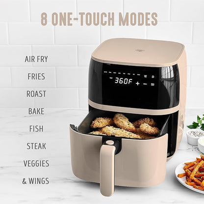 GreenLife Compact Electric Air Fryer Oven, 5.3 QT, PFAS-Free Ceramic Nonstick Drawer, 8 One Touch Digital Display, Easy View Window, Auto Shut-Off Timer, Dishwasher Safe Parts, 1500 Watts, Taupe