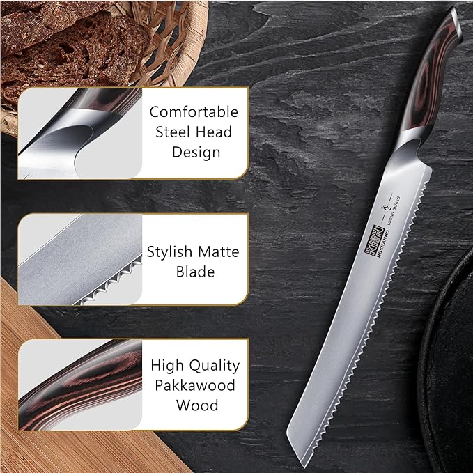 Bread Knife 10 inch, Japanese High Carbon Stainless Steel Serrated Bread Knives, Professional Bread Cutting Knife for Homemade Bread