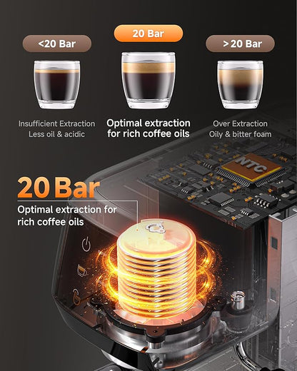 AMZCHEF Espresso Machine 20 Bar Professional Coffee Maker with Milk Frother, Adjustable Temperature & Pressure, Stainless Steel Espresso Maker for Cappuccino, Latte, Mocha, 44oz Removable Water Tank