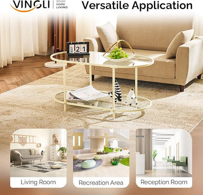 VINGLI 38" Glass Coffee Table, Oval Coffee Tables for Living Room, Small Coffe Table with 2-Tier Storage, Modern Center Table for Home Decor, Office, Small Space, Beige