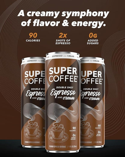 SUPER COFFEE Espresso, Iced Keto Coffee (0g Added Sugar, 90 Calories) [Espresso & Cream] 11 Fl Oz, 12 Pack | Iced Smart Coffee - SoyFree GlutenFree