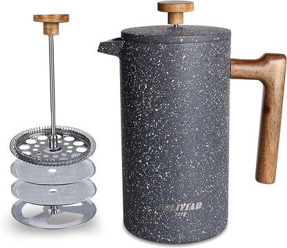 POLIVIAR French Press Coffee Maker, 34 Ounce Coffee Press with Real Wood Handle, Double Wall Insulation & Dual-Filter Screen, Food Grade Stainless Steel for Good Coffee and Tea (Lava)
