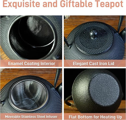 20.3oz Only, Small Tea Kettle for 1-2 Cups, Japanese Tetsubin, Cast Iron Teapot with Stainless Steel Infuser for Loose Leaf & Coffee, Tea Pot for Stovetop Safe, Enamel Interior(Black, 600ml)