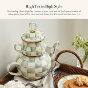 MACKENZIE-CHILDS Enamel High-Tea Teapot, Cup, and Lid, Cute Teapot and Teacup Combo, Gray-and-White Sterling Check