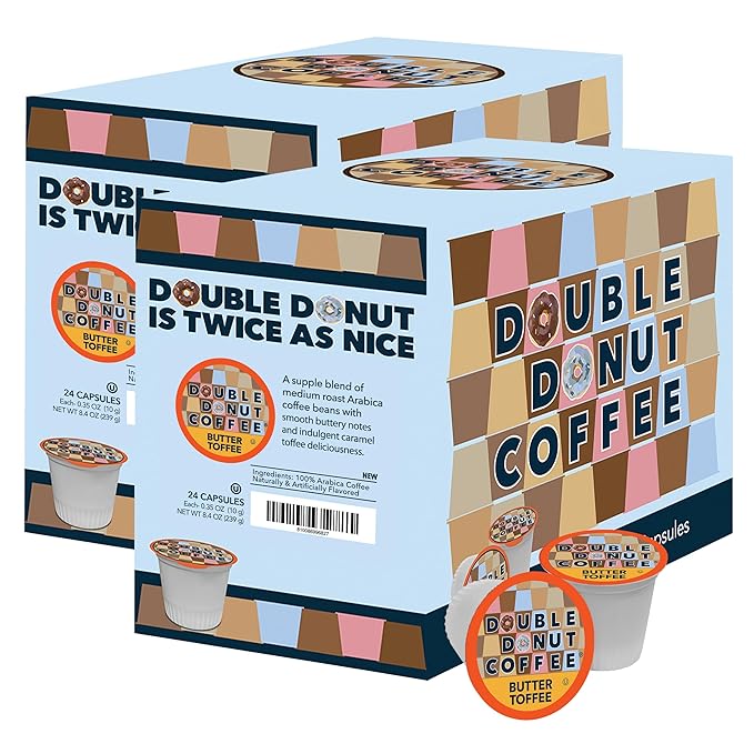 Double Donut Coffee Flavored Coffee Pods,Butter Toffee Coffee, Single Serve Medium Roast Coffee for Keurig K Cups Brewers, 48 Count