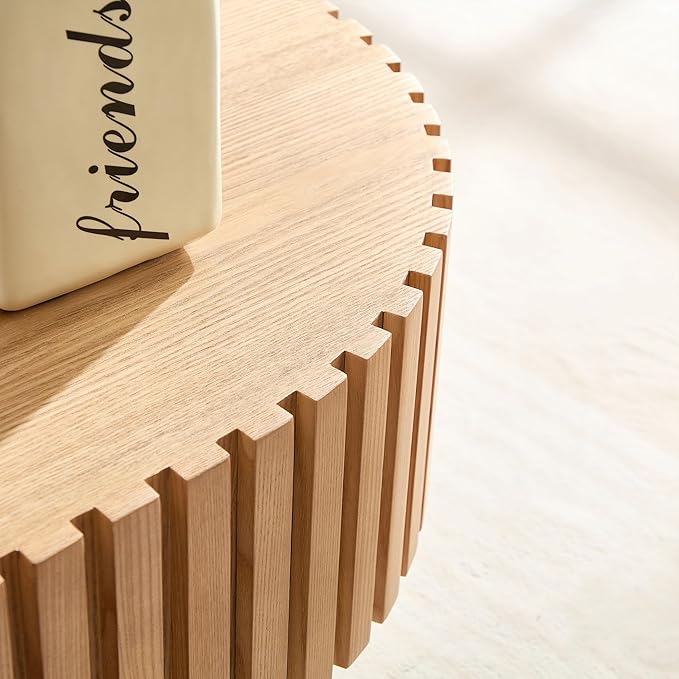 43.7 Inch Oval Drum Coffee Table, Modern Handcraft Fluted Drum Coffee Table, Wooden Oval Cocktail Tea Table Center Table with Sturdy Pedestal for Living Room Apartment (Natural)