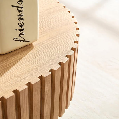 43.7 Inch Oval Drum Coffee Table, Modern Handcraft Fluted Drum Coffee Table, Wooden Oval Cocktail Tea Table Center Table with Sturdy Pedestal for Living Room Apartment (Natural)