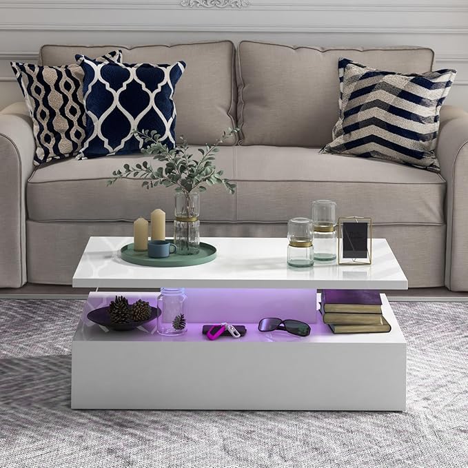 Tangkula LED Coffee Table, Modern High Gloss Coffee Table w/ 20-Color LED Lights, Adjustable Speed & Brightness, Remote Control, Open Shelf, 2-Tier Rectangle Living Room Center Table (White)