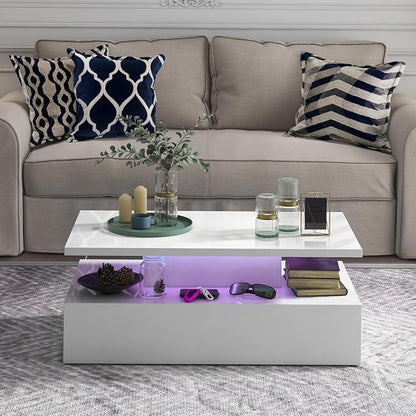 Tangkula LED Coffee Table, Modern High Gloss Coffee Table w/ 20-Color LED Lights, Adjustable Speed & Brightness, Remote Control, Open Shelf, 2-Tier Rectangle Living Room Center Table (White)