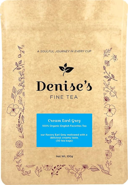 Denise's Fine Tea, USDA Organic, Cream Earl Grey, English Favorites Tea, 50 tea bags (100g)