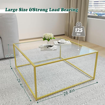 Glass Coffee Table Modern Center Table,Minimalist Coffee Table Sofa Side Tea Table for Living Room,Tempered Glass-top with Sturdy Metal Frame, Easy Assembly,26.4 x 26.4 x 15.7 Inches, Gold