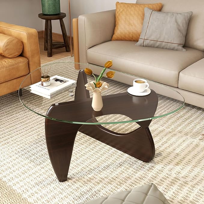 Tangkula Triangle Glass Coffee Table, Mid-Century Modern Center Table with Tempered Glass Top & Adjustable Rubber Wood Base, Small Coffee Table for Small Spaces, Living Room & Reception Room (Walnut)