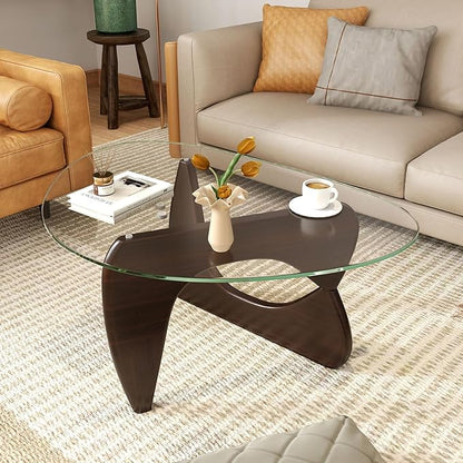 Tangkula Triangle Glass Coffee Table, Mid-Century Modern Center Table with Tempered Glass Top & Adjustable Rubber Wood Base, Small Coffee Table for Small Spaces, Living Room & Reception Room (Walnut)