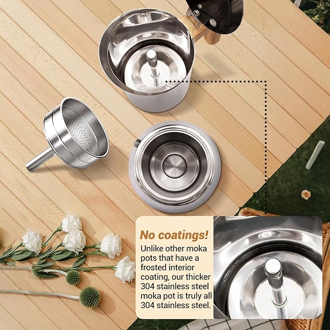 No Coating 6 Cup Moka Pot Thickened 304 Stainless Steel Stovetop Espresso Coffee Maker 300ml 10.1oz Mocha Percolator Greca Cuban Ideal for Making Rich Authentic Italian Café