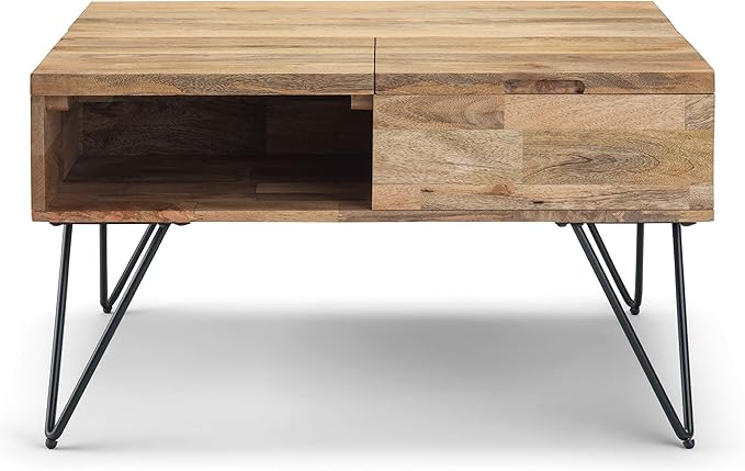 SIMPLIHOME Hunter Lift Top Coffee Table - 32 inch Wide Solid Mango Wood and Metal Industrial Square Cocktail Table in Natural, Living Room Table with Dual Lift Tops, Hidden Storage and Hairpin Legs