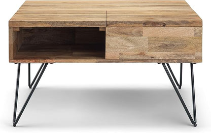 SIMPLIHOME Hunter Lift Top Coffee Table - 32 inch Wide Solid Mango Wood and Metal Industrial Square Cocktail Table in Natural, Living Room Table with Dual Lift Tops, Hidden Storage and Hairpin Legs