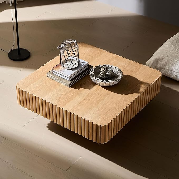 KEVINSPACE Square Wood Coffee Table, Fluted CoffeeTable Handcraft Drum TeaTable CenterTable for Living Room, Modern Wooden CocktailTable for Small Space, Easy Assembly 35.43" 15.75" H ASH
