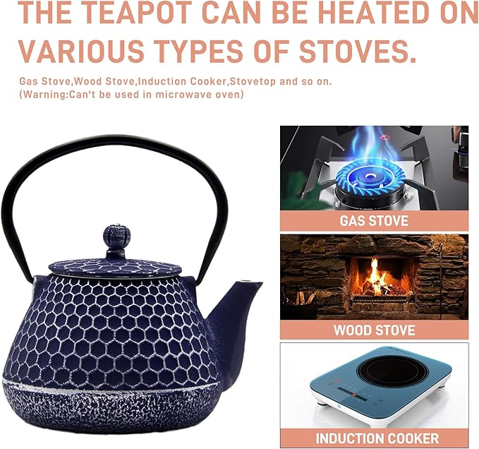 20.3oz Cast Iron Teapot, Small Tea Kettle for Stovetop Safe With Enameled Interior, Stainless Steel Infuser for Loose Tea (Blue Honeycomb Pattern)