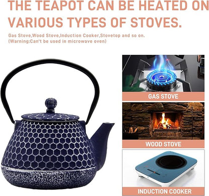 20.3oz Cast Iron Teapot, Small Tea Kettle for Stovetop Safe With Enameled Interior, Stainless Steel Infuser for Loose Tea (Blue Honeycomb Pattern)