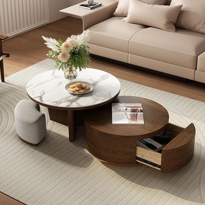 Lartis Coffee Table Set 2 - Walnut Coffee Table with Drawer and Stools - Marble Circular Stone Tabletop Modern Design Round Coffee Table for Living Room