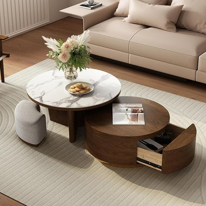 Lartis Coffee Table Set 2 - Walnut Coffee Table with Drawer and Stools - Marble Circular Stone Tabletop Modern Design Round Coffee Table for Living Room