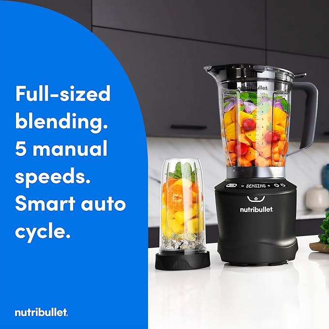 nutribullet® SmartSense Blender Combo, 1400W, 64oz Pitcher, 32oz & 24oz Cups, 5-Speed, Smoothies, Ice and Frozen Fruit, Nut Milk, Soup, Matte Black, NBF50700AK