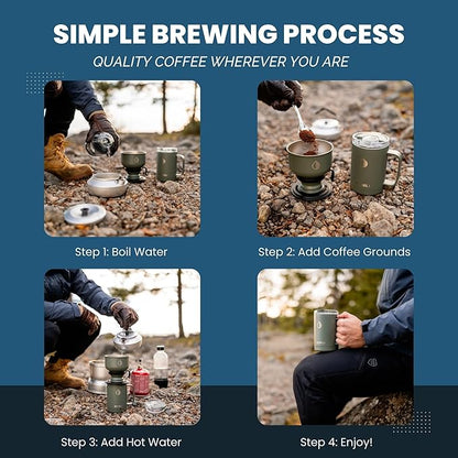Pour Over Camp Coffee Maker Set– Vacuum Insulated Mug with Leakproof Lid, Stainless Steel Micro Filter, Scratch-Resistant Finish, Portable Coffee Maker for Camping, Travel & Outdoor Adventures