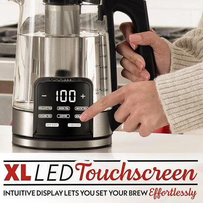 Gourmia Electric Programmable Glass Kettle – 1.7L Temperature Control Tea & Coffee Kettle with Digital Touch Display, 6 Presets, Keep Warm, Removable Stainless Steel Infuser, 360° Swivel Base – Black