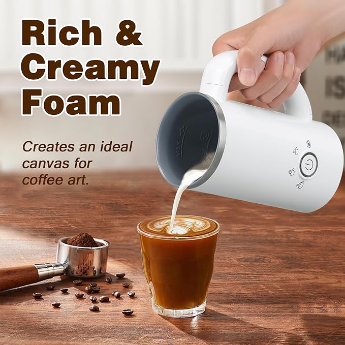 Milk Frother and Steamer, Electric 4-in-1 Hot and Cold Foam Maker, Automatic Milk Warmer with Two Whisks for Latte Cappuccino Hot Chocolate, 10.1oz/300ml, White