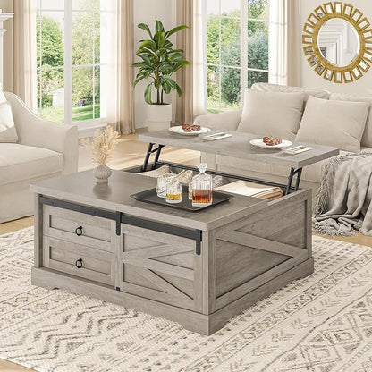 Itaar 39.4'' Lift Top Coffee Table with Storage, Farmhouse Coffee Tables for Living Room, Square Coffee Table with Large Hodden Compartment & 2 Drawrs & Adjustables Shelves (Gray)