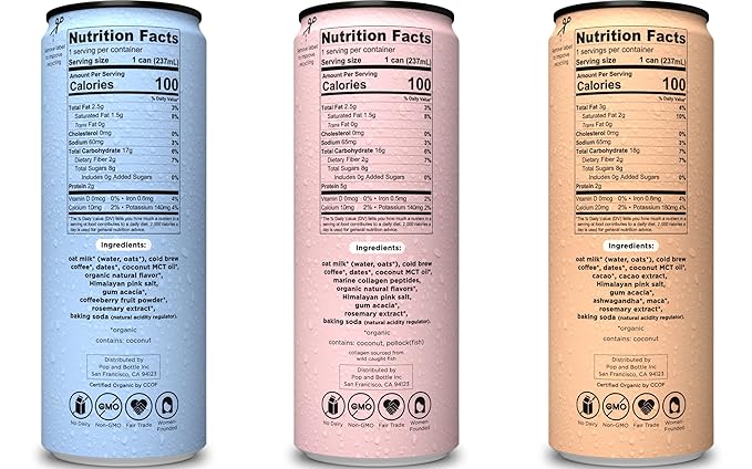 Pop & Bottle, Oat Milk Lattes - Cold Brew, Maca, Antioxidants, Ashwagandha, MCT Oil, Collagen, Organic, Diary Free, Gluten Free, Lightly Sweetened with Dates - Variety, 8 Fl Oz (6 Pack)