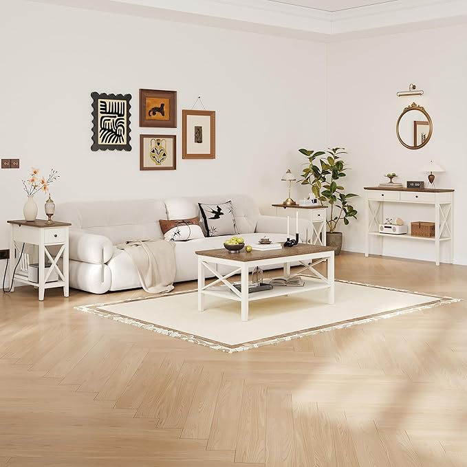 ChooChoo Farmhouse Coffee Table, Wooden Coffee Tables with Thicker Legs, White Coffee Table with Storage for Living Room