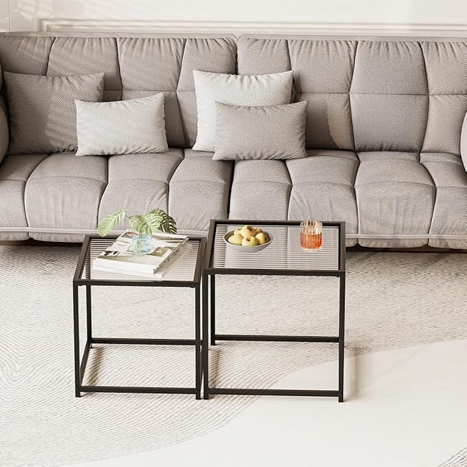 VILAWLENCE Coffee Table Set of 2, Modern Black Patterned Glass Side Table, Metal Frame Square End Table, Center Tables Nesting Coffee Table for Living Room,Bedroom and Small Spaces