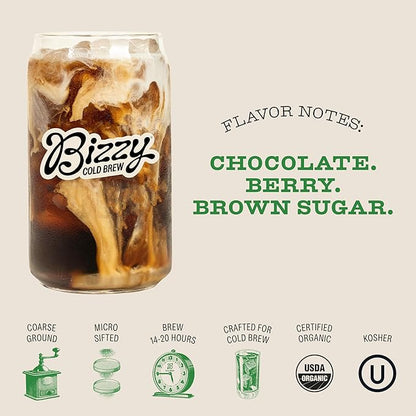 Bizzy Organic Cold Brew Coffee | Espresso Blend | Coarse Ground Coffee | Medium-Dark Roast | Micro Sifted | Specialty Grade | 100% Arabica | Brew Bags | 4 Count | Makes 14 Cups