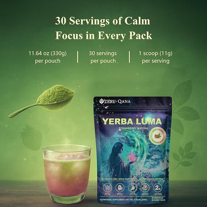 Yerba Mate Instant Tea Powder, 3-in-1 Super Bloom Energy Drink, Low Sugar, Supports Mental Clarity, Containing Prebiotics and Probiotics | Strawberry Matcha Flavor 30 Servings